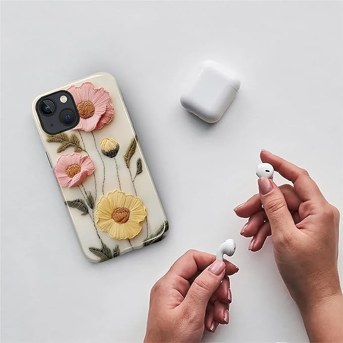 Case for iPhone 13 iPhone 14 Case,Faux Embroidery Boho Floral Design - Hybrid Dual Protection Silicone + Hard PC Shockproof Full Body Cover Slim Anti-Scratch Protective Case for Men Women