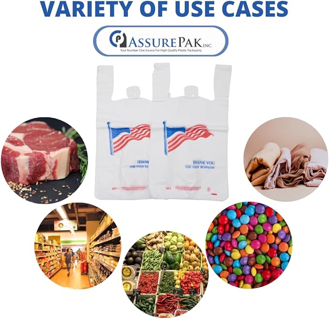 Easy Open HDPE Plastic Bag - 500 Bags/case - "American Flag" White T-Shirt Bag -1/6 BBL 11.5"x 6.5"x 21" - 18 microns - For Retail, Groceries, Merchandise, Convenience Store, Supermarket, Restaurant