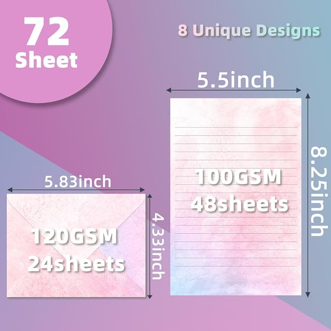 72 Pieces Stationery Set with Envelopes (48 Lined Watercolor Sheets + 24 Matching Envelopes), 8 Unique Designs, 5.5 x 8.25 inch Double Sided Printing stationery paper for Letter Writing