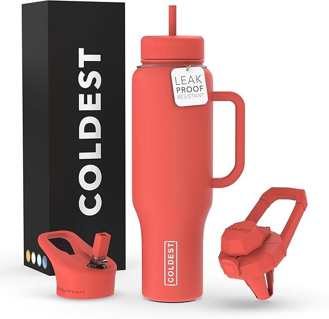 Coldest Tumbler with Handle and Straw - 100% Leak Proof Insulated Tumbler with Lid and Straw (3 Lids) - Stainless Steel Tumblers for Women & Men - Cup Holder Friendly Base, 46 oz (Crimson Red)