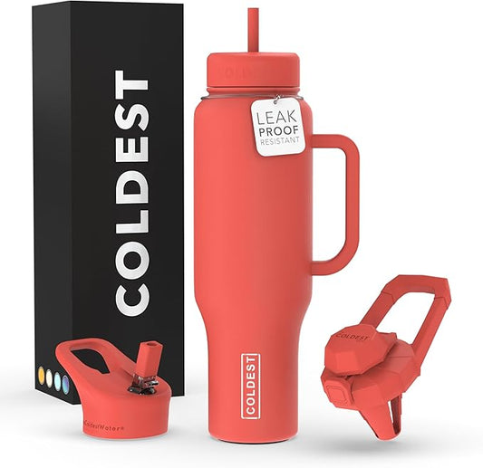 Coldest Tumbler with Handle and Straw - 100% Leak Proof Insulated Tumbler with Lid and Straw (3 Lids) - Stainless Steel Tumblers for Women & Men - Cup Holder Friendly Base, 46 oz (Crimson Red)