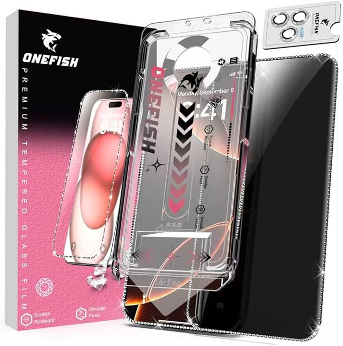 OneFish Women Fashion Privacy Screen Protector for iPhone 13 Pro [6.1 inch]+ Camera Lens Protector, Bling Diamond Bling Glitter Full Edge Coverage 9H Tempered HD Glass