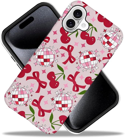 DAIZAG Case Compatible with for iPhone 16,Cute Pink Cherry Disco Ribbon Star Phone Case for iPhone 16 for Girl Women Boy Men