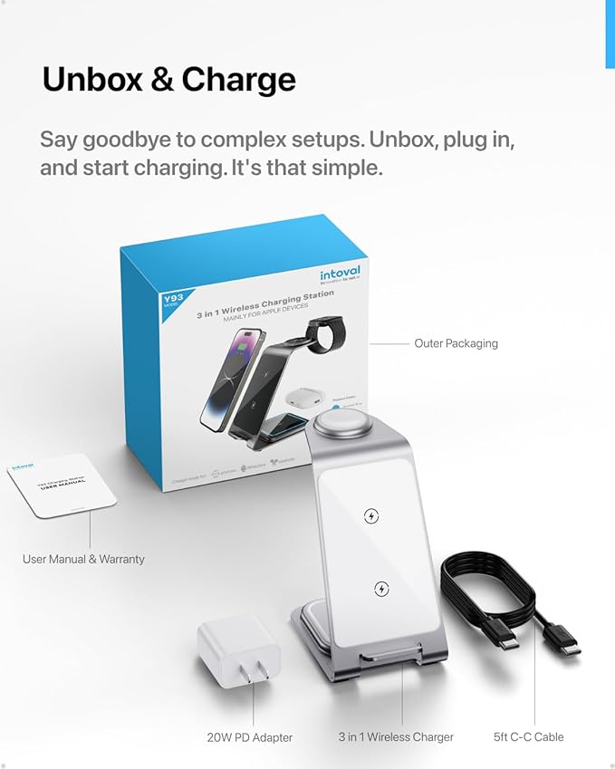 Intoval 3 in 1 Wireless Charging Station for iPhone 16 15 14 13 12 11 X Pro Max, Wireless Charger for Apple Watch Ultra 3 SE 9 8 7 6 5 4 3 2, for AirPods 4 Pro Pro 2 3 (Y93, Silver)