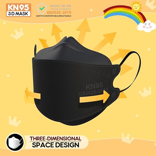 Kids KN95 Face Masks for Children 100 Pack, Breathable Comfortable and Disposable KN95 Mask, Black