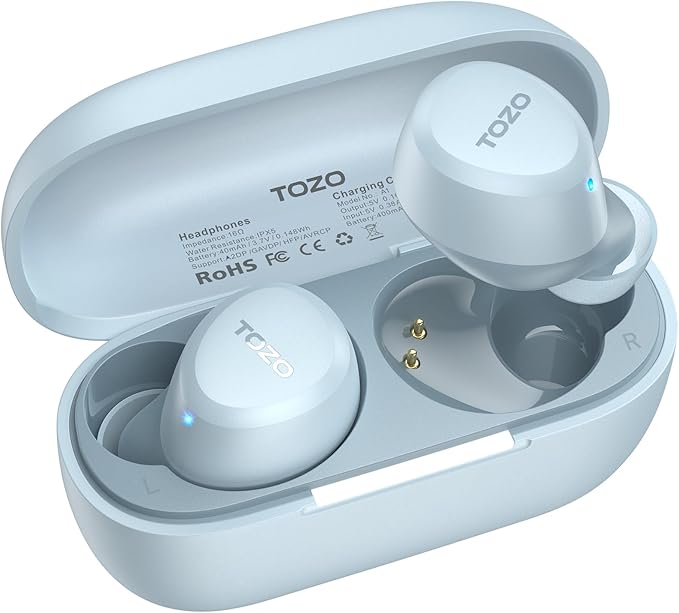 TOZO A1 Wireless Earbuds Bluetooth 5.3 Light Weight in Ear IPX5 Waterproof Headphones 2 Mic for AI Calls, Immersive Premium Sound Bass Headset with Charging Case, 32 Presets EQ Customization via App