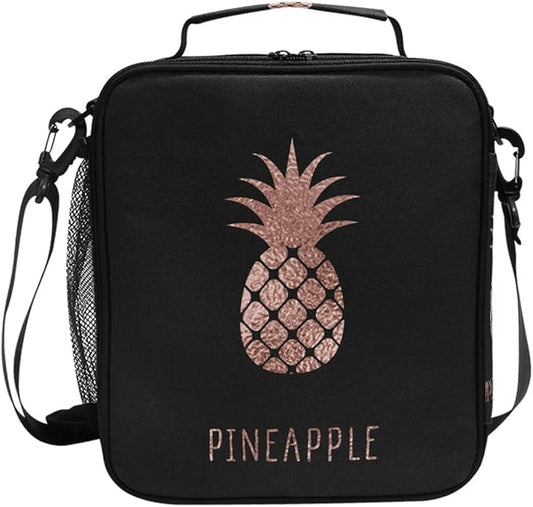 AUUXVA Lunch Box Bag, Rose Gold, Pineapple Pattern, Thermal Insulated, Adjustable Shoulder Strap, 10.5"H x 3.5"W x 9.5"L