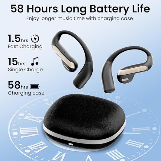 Wireless Earbuds Bluetooth Headphone Sport, 2025 Bluetooth Earbuds Stereo Deep Bass Over Ear Bud with Earhooks, ENC Noise Cancelling Mic,Waterproof Earphone for Workout/Running-Black