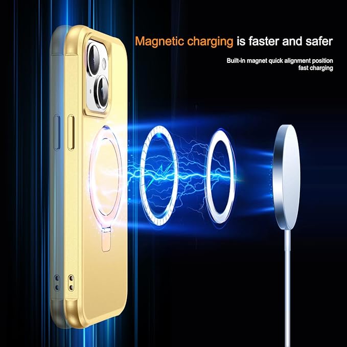 Compatible with iPhone 15 Plus Case with Invisible Magnetic O-Ring Stand Military-Grade Case for iPhone 15 Plus 6.7" [Compatible with Mag-Safe][Great Grip Feeling], Gold