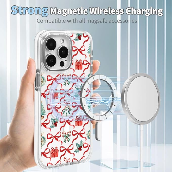 DAIZAG Case for iPhone 16 Pro Max, [Compatible with MagSafe],Phone Case for Women Girls Magnetic Clear Cover,Christmas Tree Ribbon Bow