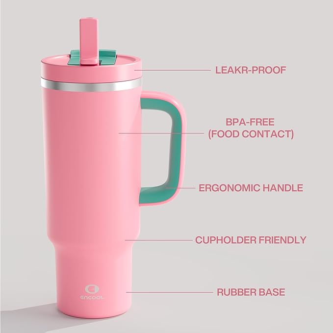 40 oz Tumbler with Handle and Straw: Stainless Steel Insulated Tumbler Keeps Cold for 24 Hours, Leakproof Travel Cup Fits in Cup Holder and BPA-Free, Tulip