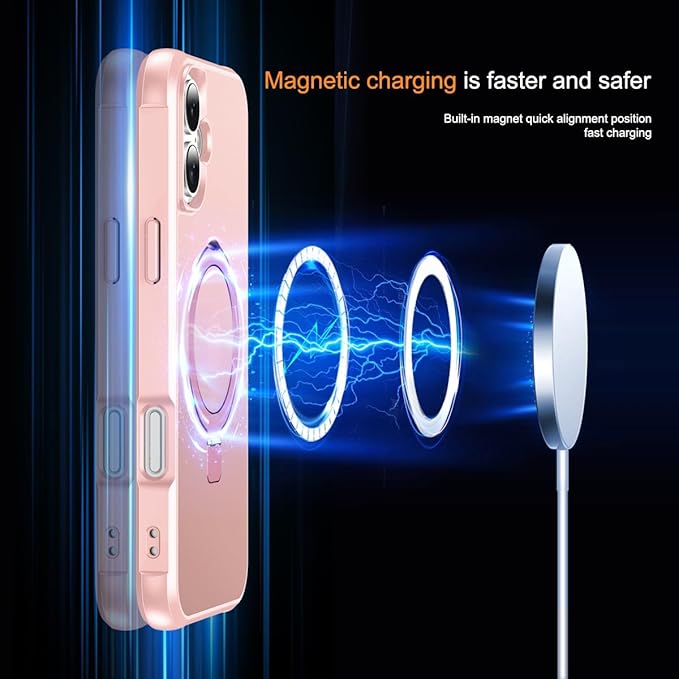 Magnetic Compatible with iPhone 16 Plus Case with Stand [Military Grade Drop Tested][Compatible with Magnet] Ring Translucent Slim Hard Back Soft Edge, Pink