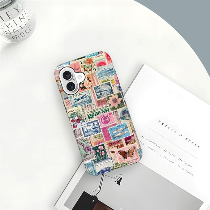 DAIZAG Case Compatible with iPhone 16,Fit Shockproof Cover for Women Girls,Retro Stamp Collage