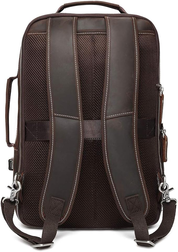LANNSYNE Men's Full Grain Leather Expandable 15.6 Laptop Backpack Tote Shoulder Travel Bag Rucksack