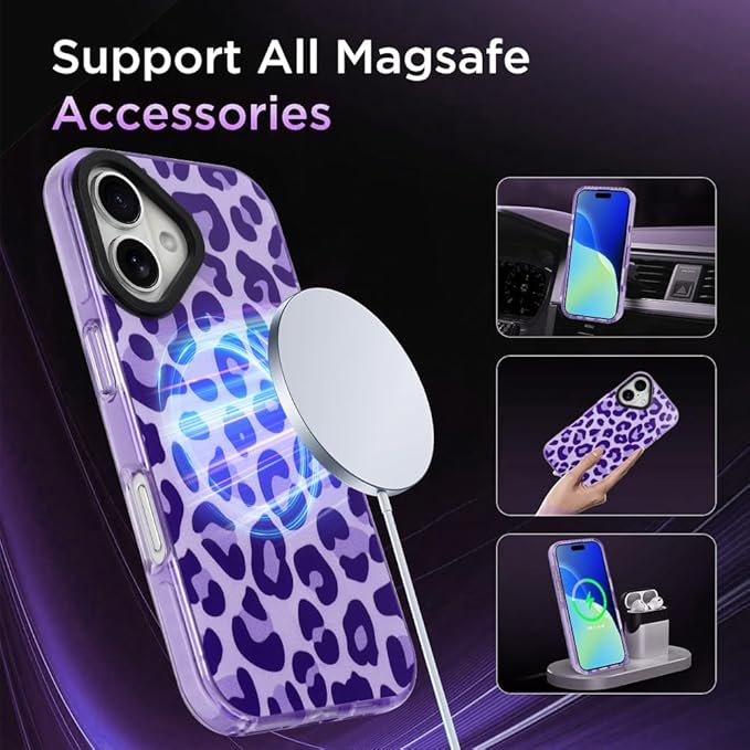 SAKUULO Magnetic for iPhone 16 Plus Case Dark Purple Leopard Print Pattern [Compatible with MagSafe] [with Screen Protector] Wireless Charge Strengthen Protection Cover, Dark Purple Leopard (6.7")