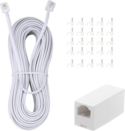 Long Telephone Extension Cord Phone Cable Line Wire, with Standard RJ11 Plug and 1 in-Line Couplers and 25 Cable Clip Holders-White (50feet)