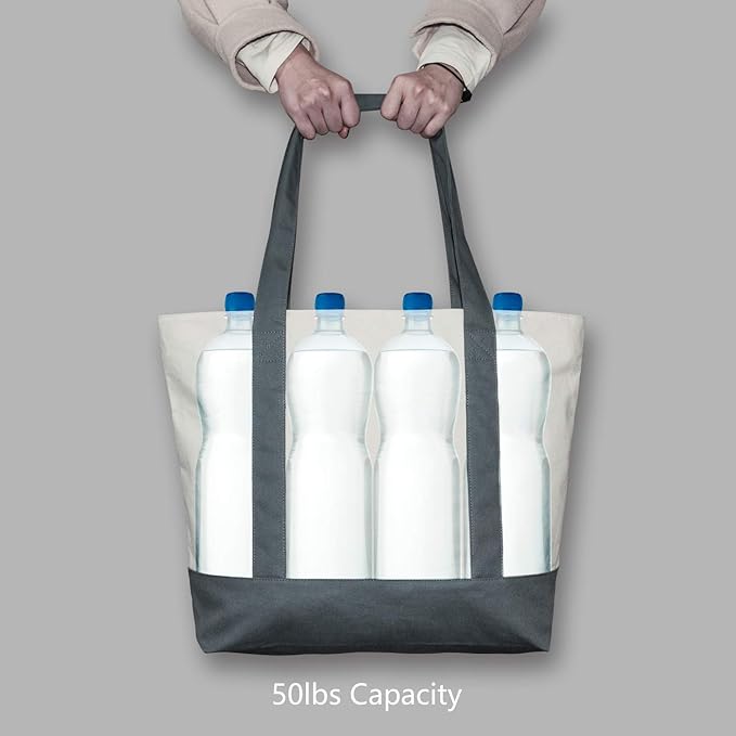 TOPDesign 1-Pack Canvas Tote Bag with an External Pocket, Reusable Grocery Shopping Bag, Top Zipper Closure, Daily Essentials (Grey/Natural)