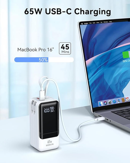 Portable Charger, 65W Power Bank Fast Charging, USB C Battery Pack with Built in Cable, 4 Outputs Powerbank, Travel Essentials Compatible with iPhone 17 16 15 14 13 iPad MacBook Pro Samsung Dell XPS