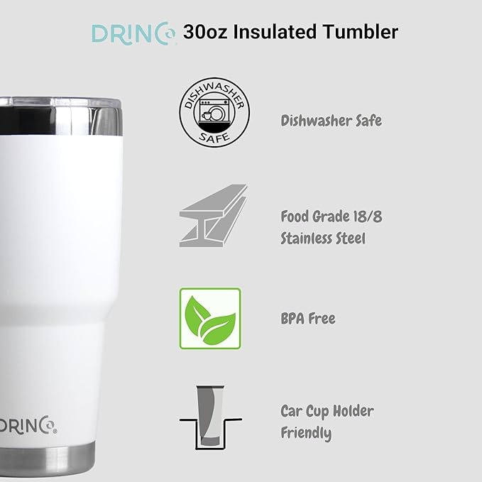 Drinco - 30 oz Stainless Steel Tumbler | Double Walled Vacuum Insulated Mug With Lid, 2 Straws, For Hot & Cold Drinks (30oz Artic White, 30oz)
