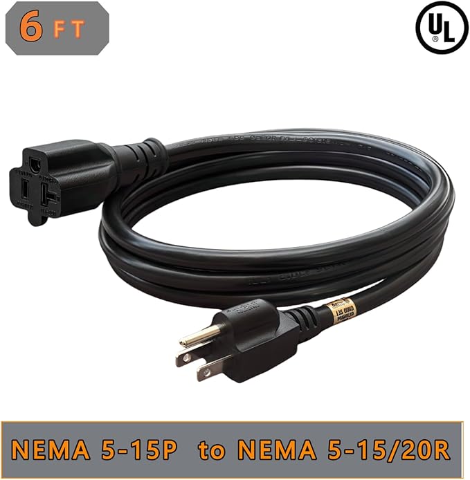 6-Feet 15 Amp Household AC Plug to 20 Amp T Blade Adapter Cable，14AWG 6-Foot 15 Amp to 20 Amp Plug Adapter Cord Nema 5-15P to 5-15R/5-20R 20Amp Comb AC Power Cord, Black
