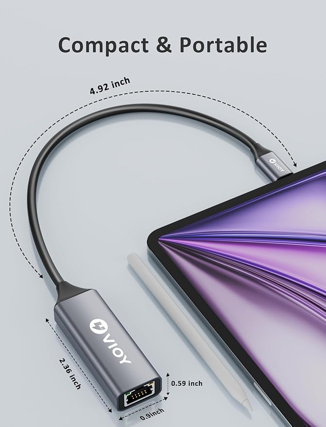 VIOY USB C to Ethernet Adapter, 1Gbps RJ45 to USB C Network Adapter, Portable Type C to Ethernet Dongle Compatible for Thunderbolt 4/3, MacBook Pro/Air, iPhone 16/15 Pro/Max, iPad, XPS