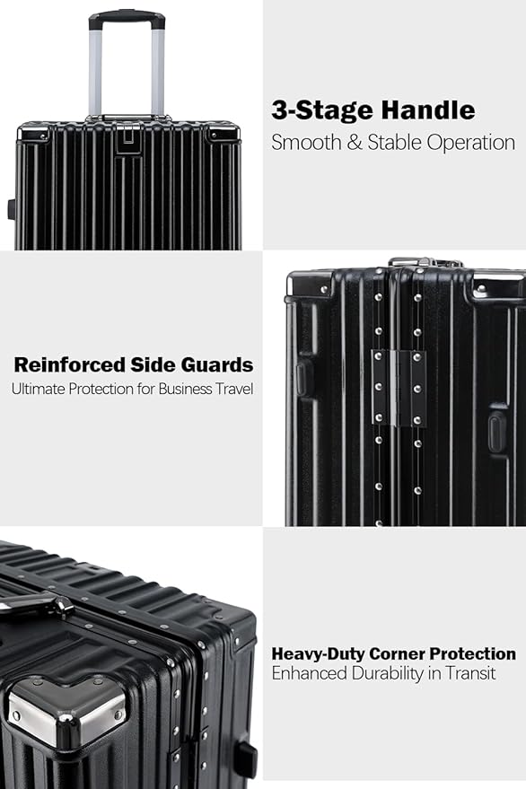 HotWay 26 Inch Aluminum Frame Luggage with Spinner Wheels, PC Hard Shell Suitcase with Cup Holder, Zipperless Luggage for Business Travel, Black