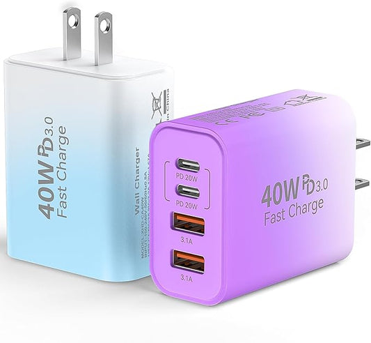 USB C Wall Fast Charger Block, 40W 4-Port Type C Chargers Fast Charging Blocks PD Power Charger Adapter+QC 3.0 USB Multiport Charger Brick for Phone 17/16/15/14/13/12 Pro Max, i-Pad, Galaxy S25-2Pack