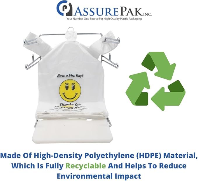 Easy Open - 400 Bags - White Happy Face/Smiley Face HDPE T-Shirt Bags - Full Size - 1/6 BBL 12"X7"X22"- 15 microns - White - HF1272215M-EO - AssurePak