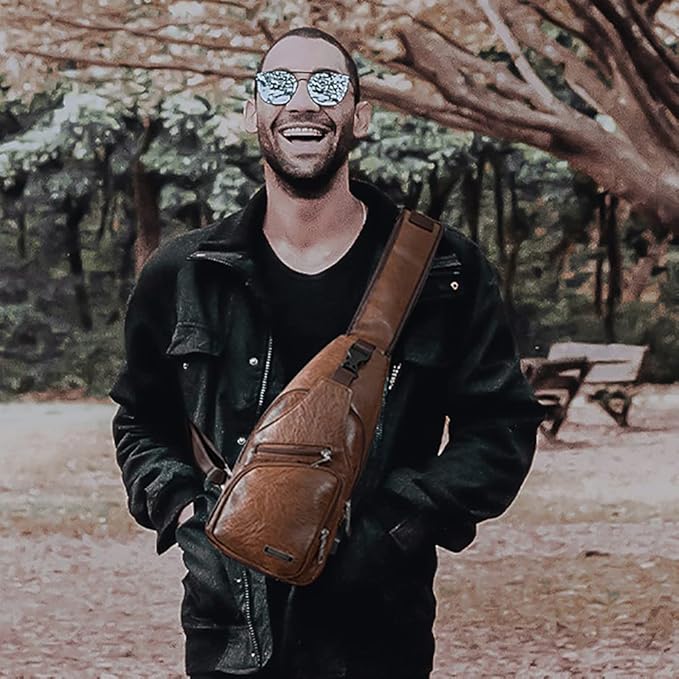 Peicees Leather Sling Bag Mens Crossbody Bag Chest Bag Sling Backpack for Men with USB Charge Port