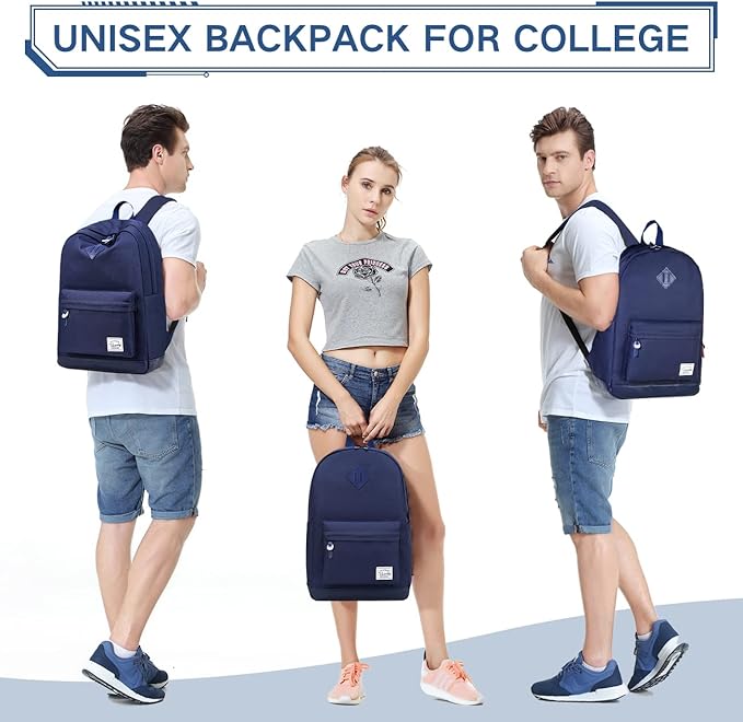 VASCHY Backpack for Men Women, Water-Resistant School Backpack Bookbag Daypack for Teens/College Students Plain Blue