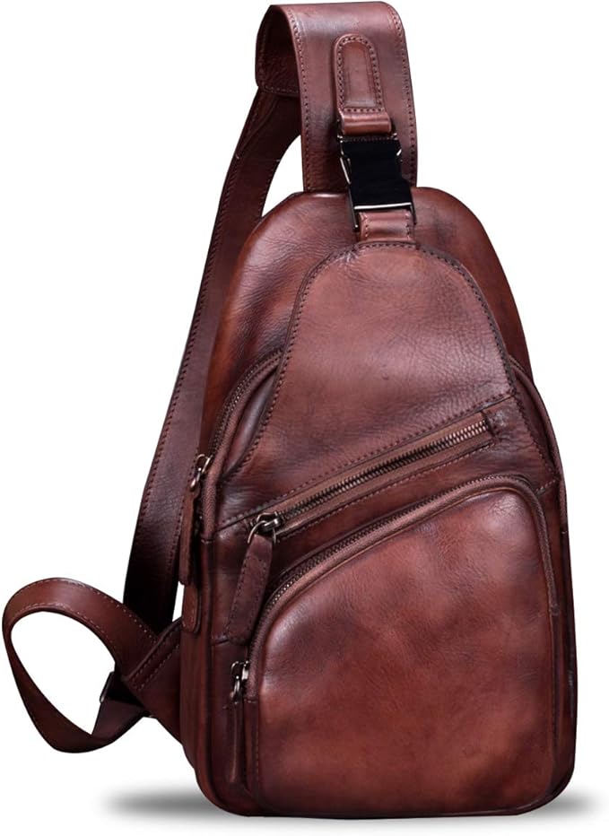 IVTG Genuine Leather Sling Bags for Men and Women Chest Shoulder Backpack Handmade Crossbody Motocycle Daypack
