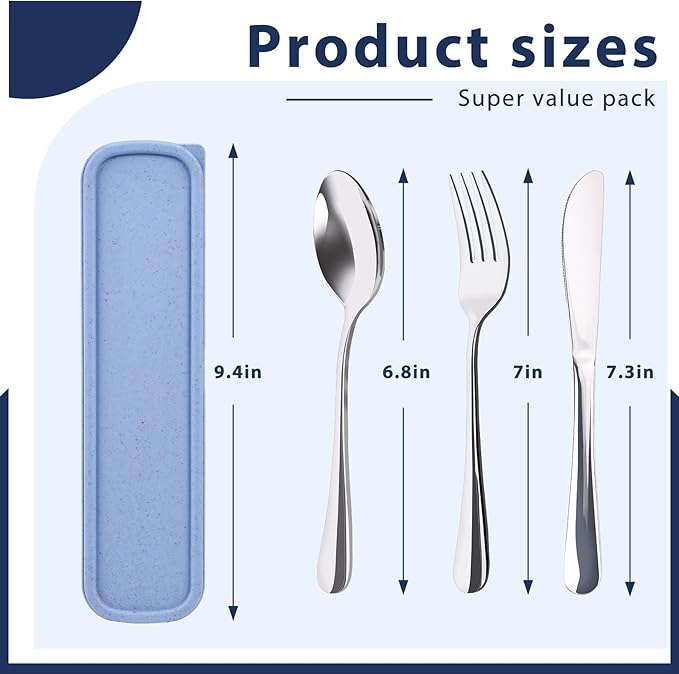 HANSGO 3PCS Portable Utensils Set with Case, Travel Cutlery Set Stainless Steel Utensils Reusable Silverware for Lunch Camping School Picnic Office Dishwasher Safe Blue