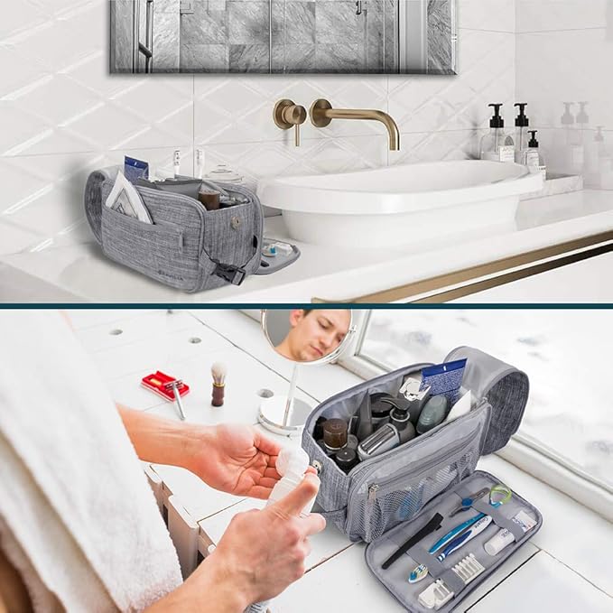 PAVILIA Toiletry Bag for Men, Travel Essentials Shaving Dopp Kit, Mens Travel Bag Toiletries Organizer Case for Grooming, PU Leather Water Resistant Cosmetic Bag Pouch (Heather Grey)