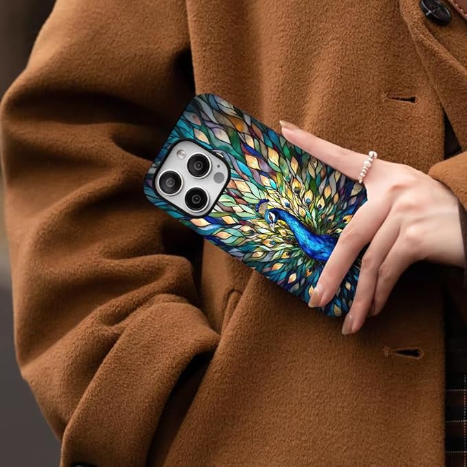 Generic Case Compatible with iPhone 14 Pro,Peacock Stained Phone Case for Girl Women,Durable Protection Case