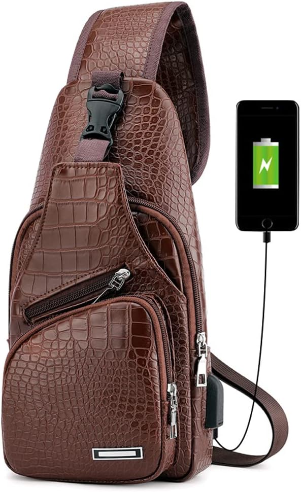 Peicees Leather Sling Bag Mens Crossbody Bag Chest Bag Sling Backpack for Men with USB Charge Port