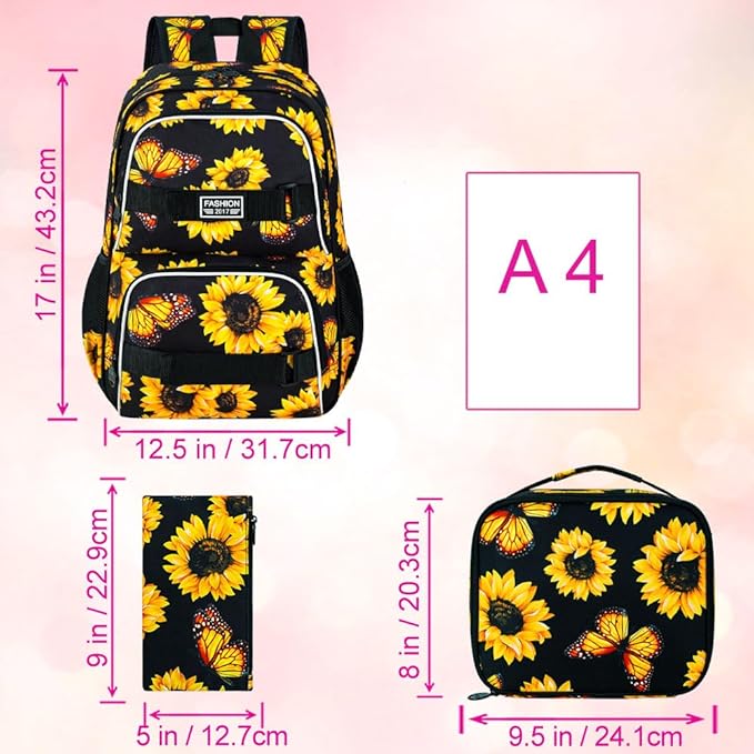 3Pcs Backpack for Girls Women, 17 Inches Sunflower Laptop Backpacks with Lunch Bag, Water Resistant College School Bookbag Set for Teens Students(Yellow)