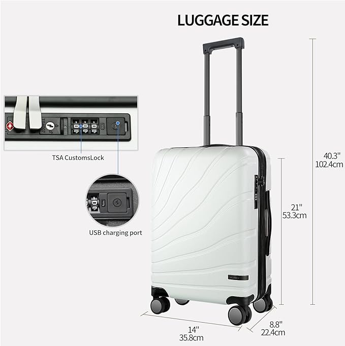 VANKEAN Carry On Luggage with Spinner Wheels & TSA Lock, Expandable Fashionable Hard Shell Suitcase airline approved，20 Inch Carry-On，White