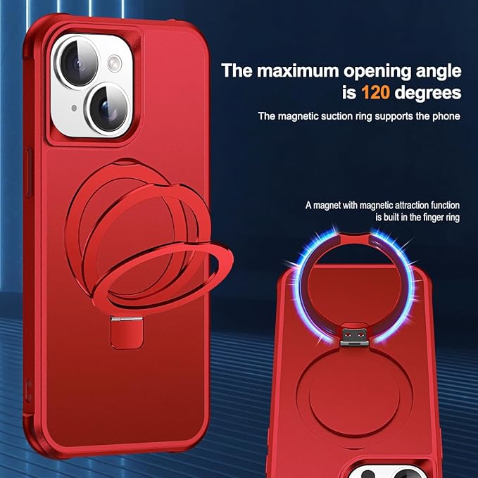Compatible with iPhone 13 Case & iPhone 14 Case with Invisible Magnetic O-Ring Stand Phone Cases for 13 & 14 6.1" [Compatible with Mag-Safe][Great Grip Feeling], Red