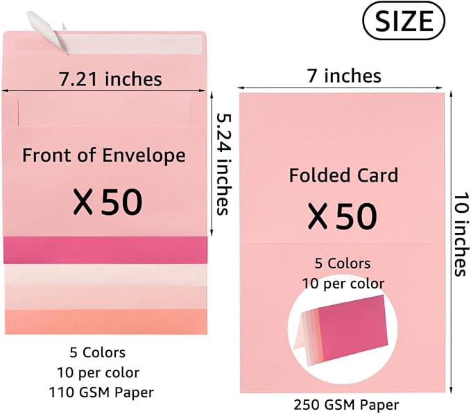 Wishop 50 Pack Pink 5x7 Self-Adhesive Envelopes with Fold Cards 5 Colors for Wedding Invitations and Greeting Cards (Pink 5 Colors, 5x7)