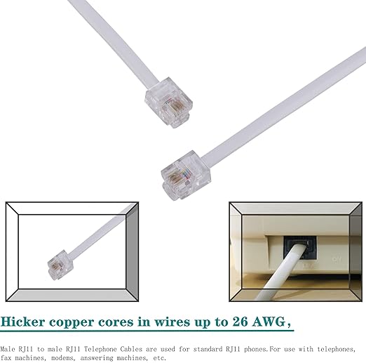 LanSenSu Phone Extension Cord 66 Ft, Phone Cord Telephone Cable with Standard RJ11Plug and 2 in-Line Couplers and 25Cable Clip Holders, White (White, 66 Feet)