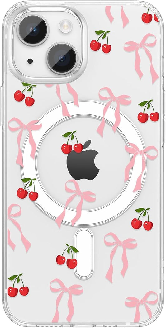 ZTOFERA for iPhone 13/14 Magnetic Case Clear,Cute Love Heart Ribbon Bow Tie Aesthetic Phone Case,Transparent Trendy Slim Soft Shockproof Protective Phone Cover for Women Girls,Peach Pink