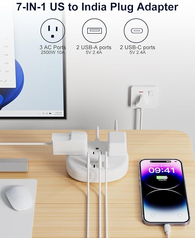 India to US Plug Adapter, India Plug Adapter with 3 American Outlets 4 USB Ports (2 USB-C) Total 24W, Type D Travel Adapter for USA to India Bangladesh Maldives Nepal Pakistan