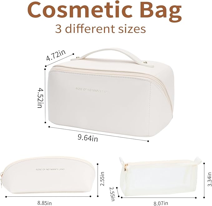 3 Pcs Travel Makeup Bag Portable Large Capacity Cosmetic Bags for Women Open Flat Makeup Case Organizer Bag Set of 3 Waterproof PU Leather Toiletry Bags with Divider and Handle (White, Medium)