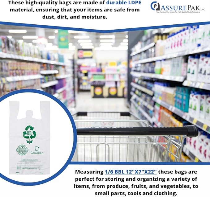 White Reusable/Eco-Friendly LDPE T-Shirt - 1/6 BBL 12"X7"X22" - 150 Bags - 57 Micron (2.25 mil) - White - WHLD40REC225REU12722 - AssurePak