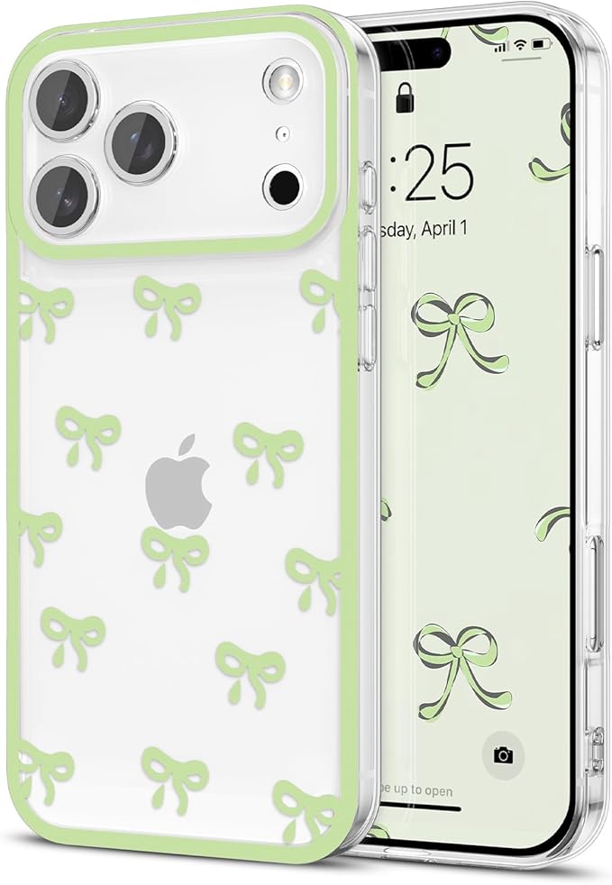EYZUTAK Case for iPhone 17 Pro Max, Clear Cute Ribbon Bowknot Pattern Aesthetic Transparent Phone Case Raised Camera Protection Stylish Slim Soft Durable TPU Protective Cover for Women Girls - Green