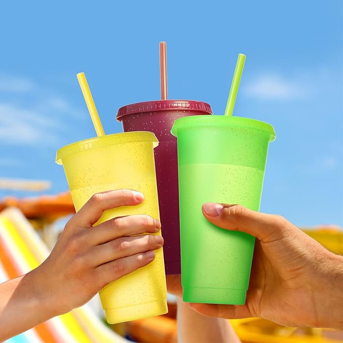Honeydak 15 Pack Tumbler with Straw and Lid Bulk Glitter Plastic Cups Water Bottle Iced Coffee Travel Mug Reusable Party Favor Cups for Birthdays travel 24-27 oz (Cute Colors)
