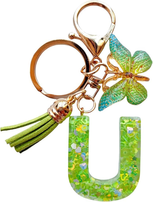 Cute Initial Letter Keychains for Women Girls Tassel Butterfly Pink Purple Green Keychain for Backpack School Bag