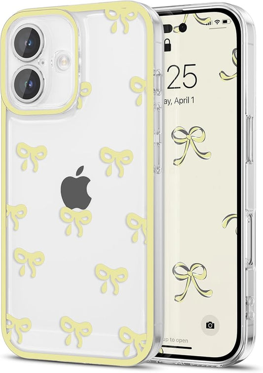 EYZUTAK Case for iPhone 17, Clear Cute Ribbon Bowknot Pattern Aesthetic Transparent Phone Case Raised Camera Protection Stylish Slim Soft Durable TPU Protective Cover for Women Girls - Yellow