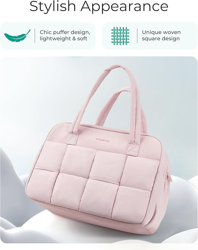 BAGSMART Gym Bag for Women, 24L Puffer Travel Duffle Bag for Travel with Laptop Compartment, Weekender Bags for Women, Carry On Duffel Bag Personal Item Bag, Baby Pink