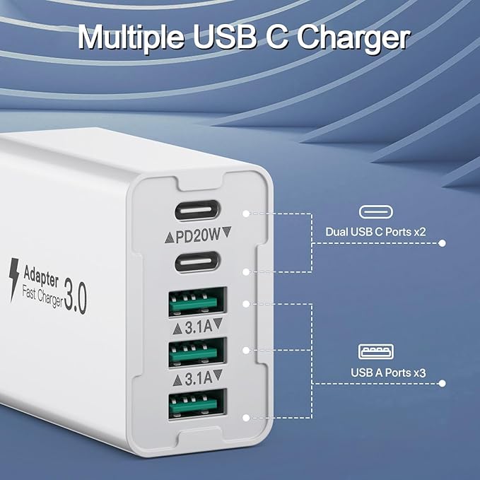 USB C Charger, 50W 5-Port USB C Charger Block, Fast Charging Block Dual Port PD+QC Wall Plug Multiport Type C Compatible with iPhone 12/13/14/15/Pro Max/XS/XR/8/7/SmartPhone/Tablet